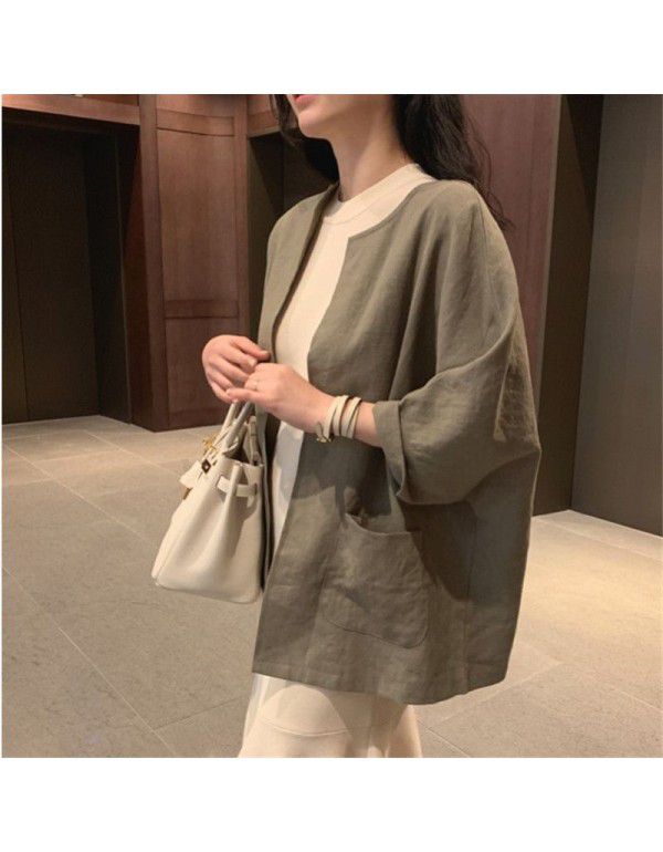 Loose ice silk cotton and hemp top Spring and summer new vintage large color contrast simple cotton and hemp T-shirt female 