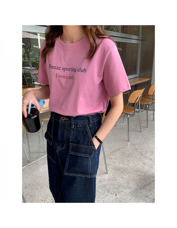 Early spring new Korean letter round neck short-sleeved T-shirt for women's basic style 