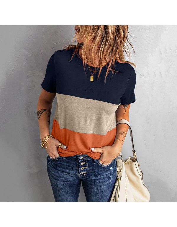 Shiying Short Sleeve T-shirt Women's European Summer New Stripe Pattern Women's Loose Round Neck Top Women