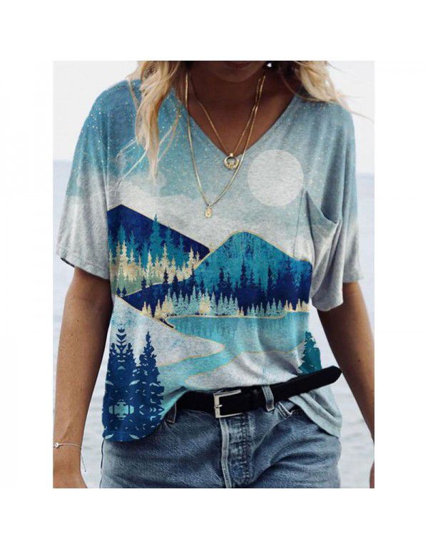 Summer New Landscape Painting Print V-Neck Short Sleeve T-shirt Women