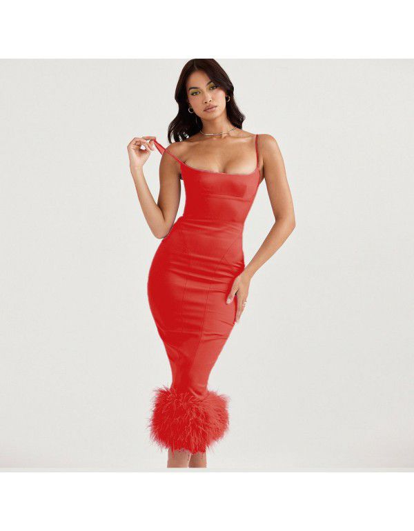 Sexy Wrapped Hip Strap Dress Ostrich Hair Dress High Quality Dress