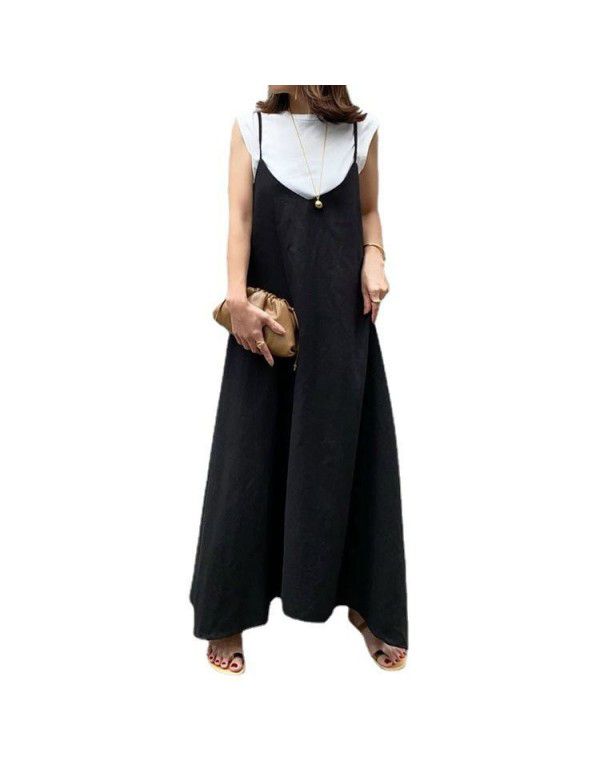 Summer New Loose Black Slim Casual Strap Long Dress