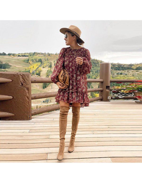 Shiying Red Ruffled Loose Sleeve Dress Women's Loose Pullover Knee Length Dress