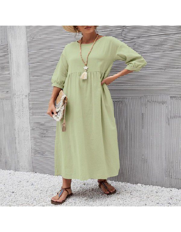 Solid Fashion Lantern Sleeves Loose Cotton Linen Pocket Dress In Stock