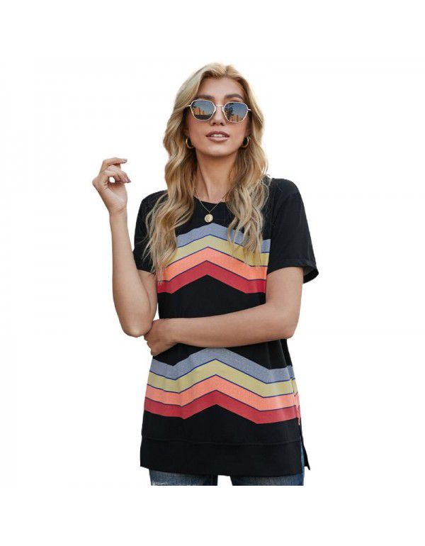 Shiying Short Sleeve T-shirt Women's European Summer New Stripe Pattern Women's Loose Round Neck Top Women
