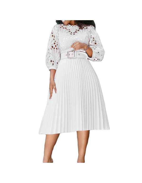Summer Oversized Lace Hooked Flower Sexy Hollow Out Pleated European and American Dress Dress 