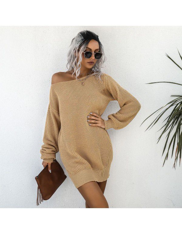 Women's autumn and winter dress European casual off shoulder lantern sleeve knitted woolen dress