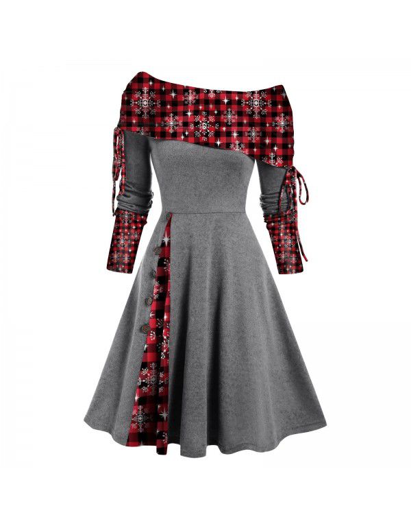 Women's autumn and winter new long-sleeved one-shoulder solid color printed patchwork button dress 