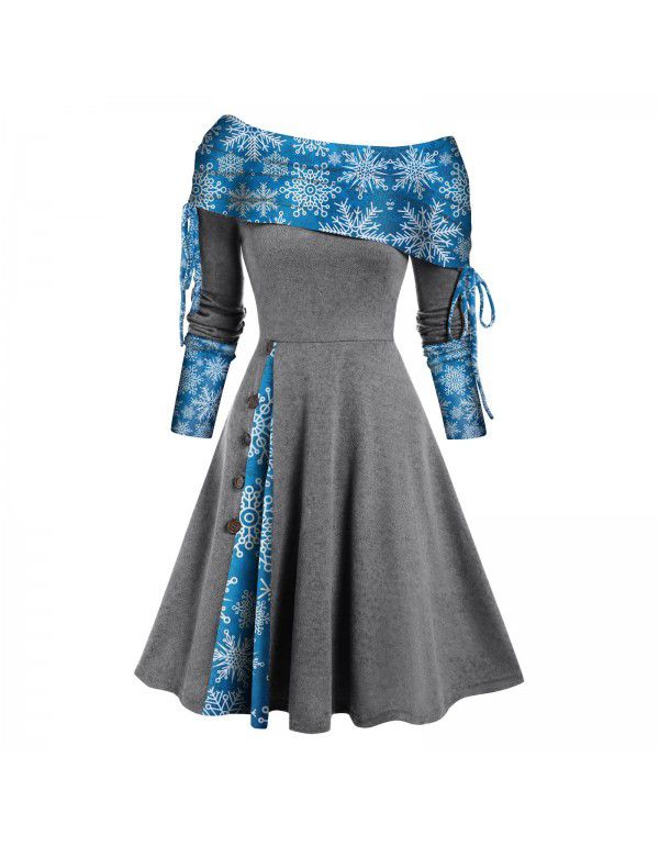 Women's autumn and winter new long-sleeved one-shoulder solid color printed patchwork button dress 