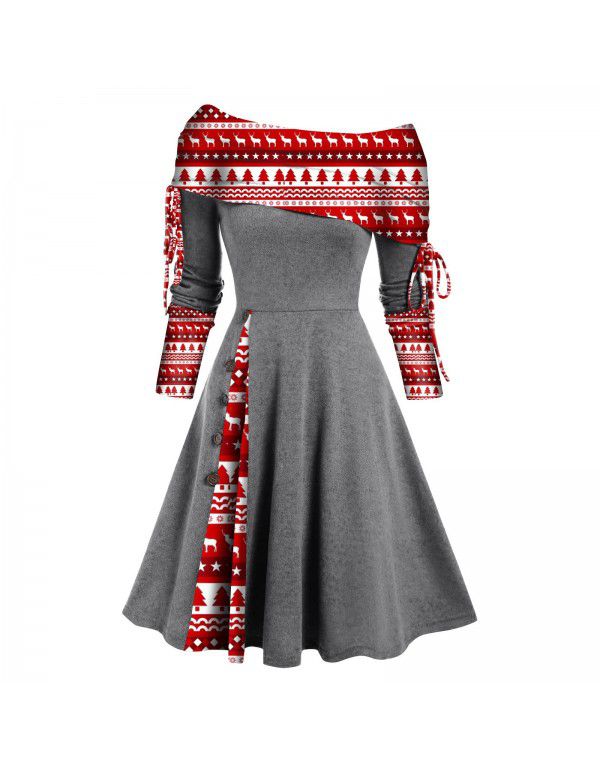 Women's autumn and winter new long-sleeved one-shoulder solid color printed patchwork button dress 