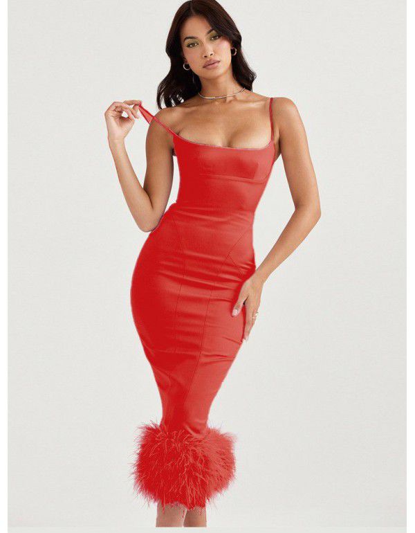 Sexy Wrapped Hip Strap Dress Ostrich Hair Dress High Quality Dress
