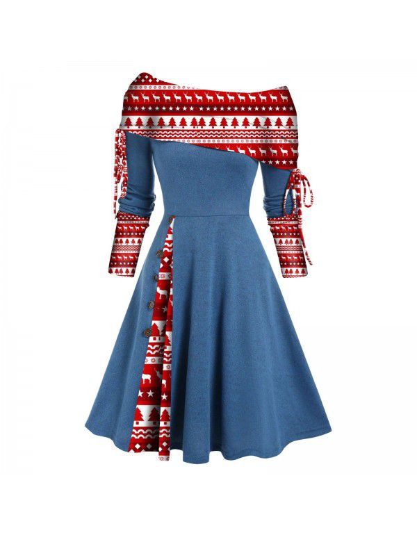 Women's autumn and winter new long-sleeved one-shoulder solid color printed patchwork button dress 