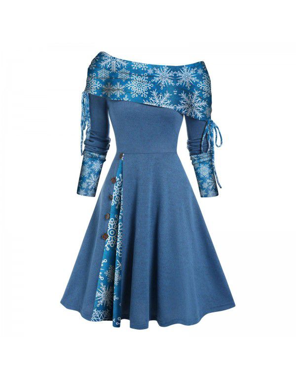Women's autumn and winter new long-sleeved one-shoulder solid color printed patchwork button dress 