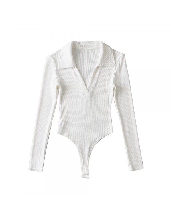New Spice Girls sexy deep V-neck long-sleeved one-piece women's autumn and winter polo lapel slim bottom T-shirt top 