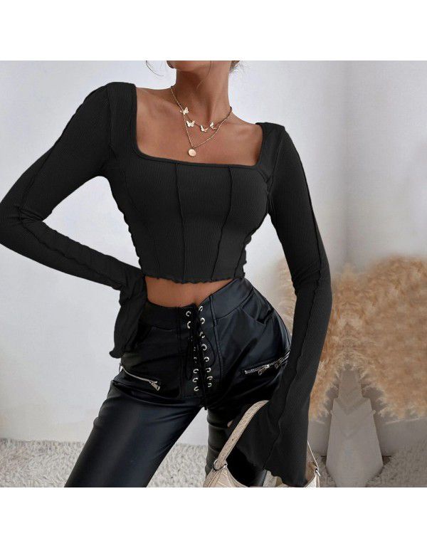 Spring and Summer New Slim Fit Long Sleeve Square Neck Pullover Knitted Top T-shirt Women