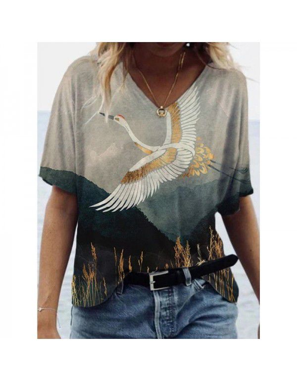 Summer New Landscape Painting Print V-Neck Short Sleeve T-shirt Women