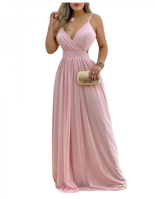 Spring and Autumn Mid-waist Solid Knee Length Straight Dress Pink Temperament Commuter Strap Long Dress Dress 