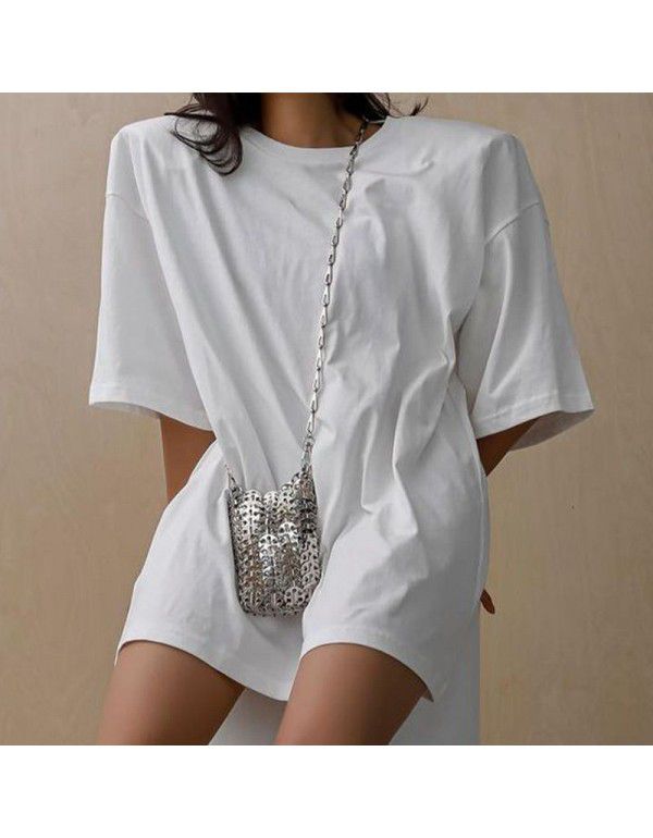 Round neck medium length short sleeve shoulder pad T-shirt Women's loose casual street photo 