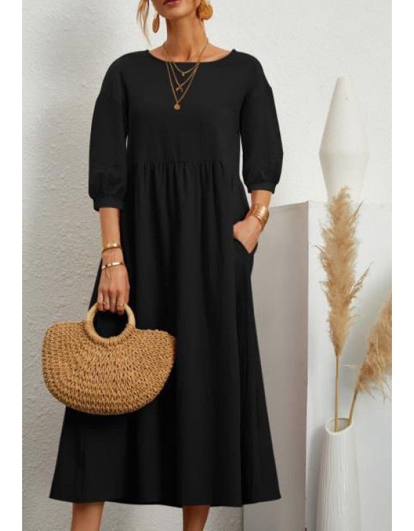 Solid Fashion Lantern Sleeves Loose Cotton Linen Pocket Dress In Stock