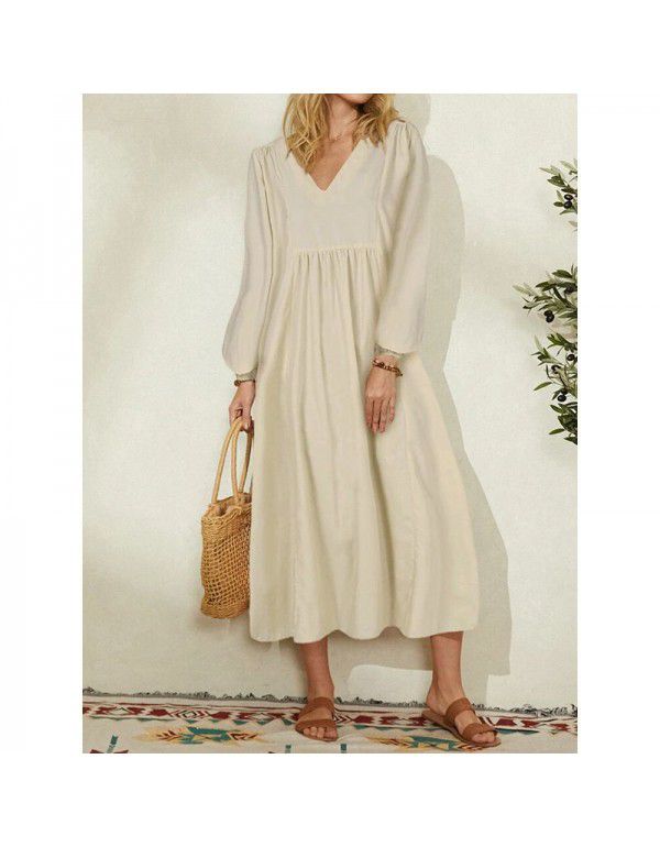 Summer New Fashion Women's Cotton Linen Loose Lantern Sleeves Occidental Dress