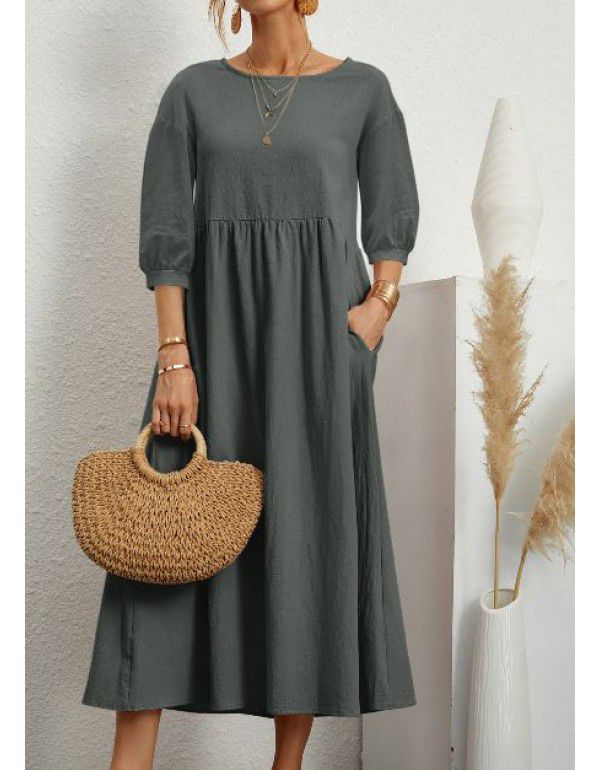 Solid Fashion Lantern Sleeves Loose Cotton Linen Pocket Dress In Stock