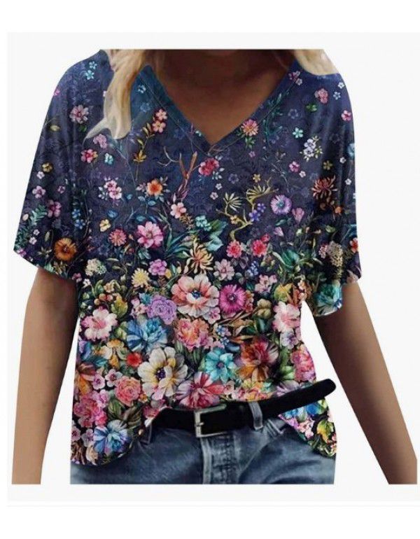 Summer New Landscape Painting Print V-Neck Short Sleeve T-shirt Women