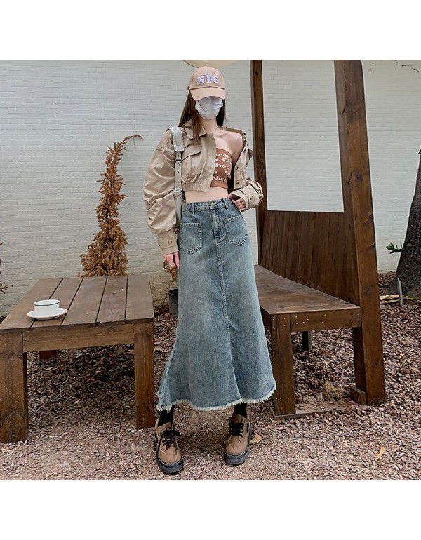 Vintage Denim Skirt Women's Spring and Autumn New Fishtail Skirt High Waist A-line Slim Mid Length Wrapped Hip Skirt 