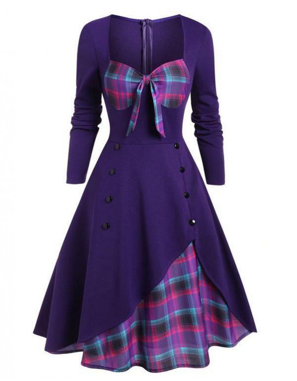 Spring and summer new women's color contrast stitching double-breasted large hem dress 