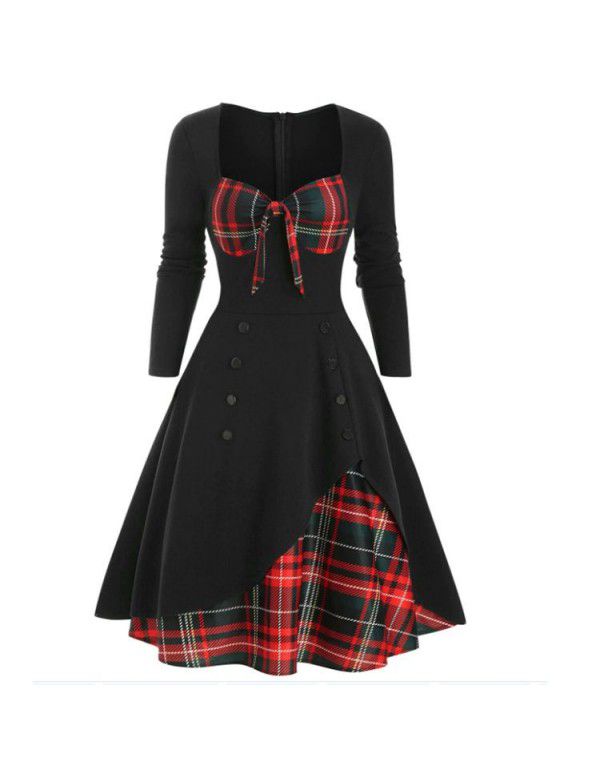 Spring and summer new women's color contrast stitching double-breasted large hem dress 
