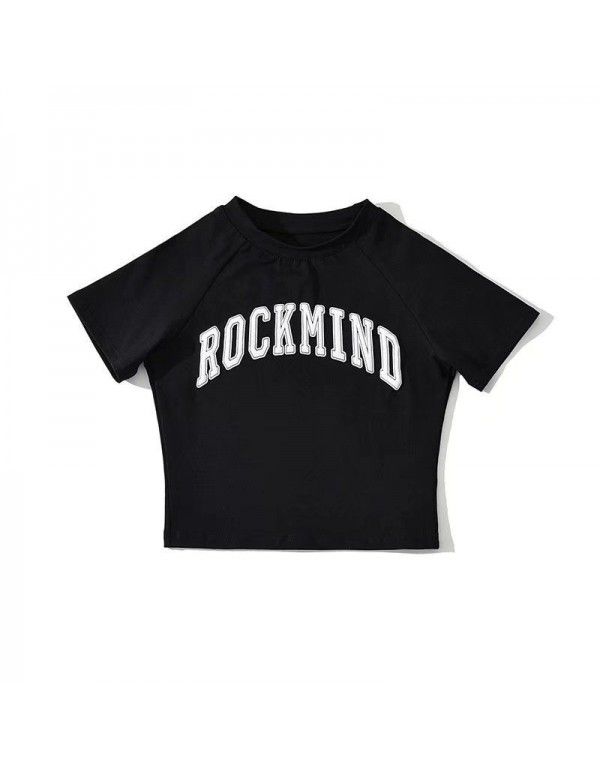 Letter embroidery short-sleeved t-shirt women's round neck short summer style design feeling slim hot girl exposed navel top 