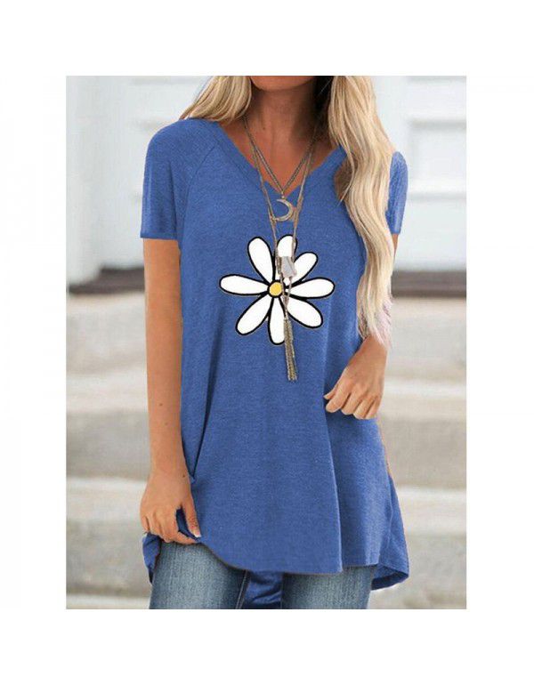 Summer Women's Fashion V-neck Short Sleeve Shirt Loose Print Top Casual Pullover Large T-shirt Women 