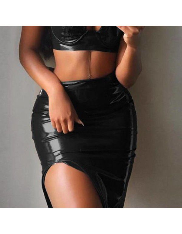 Summer New Silver Shiny Leather Split Skirt High Waist Mid Skirt Wrapped Hip Skirt