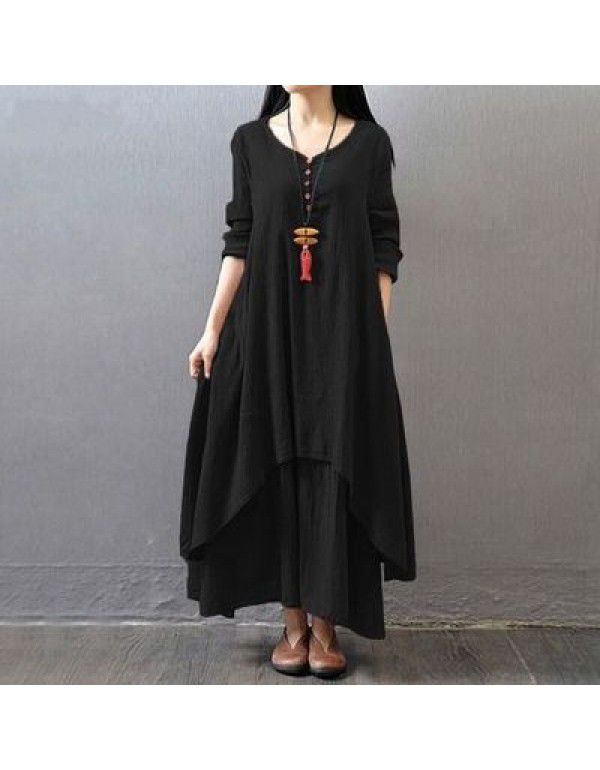 Spring and autumn holiday two-piece long skirt, artistic large linen dress, loose long-sleeved cotton and linen skirt 