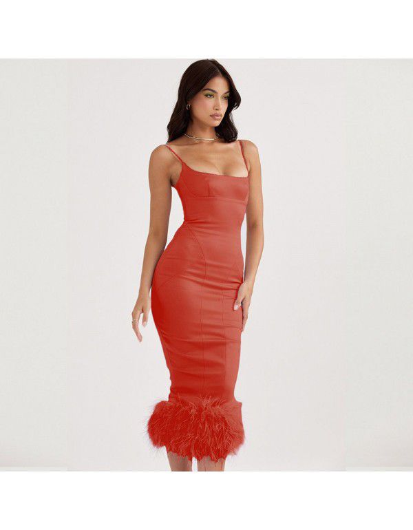 Sexy Wrapped Hip Strap Dress Ostrich Hair Dress High Quality Dress