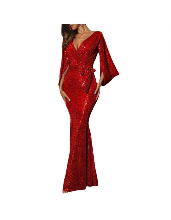 Spring and summer new sexy dress with split solid color sequins long style mopping evening dress skirt 