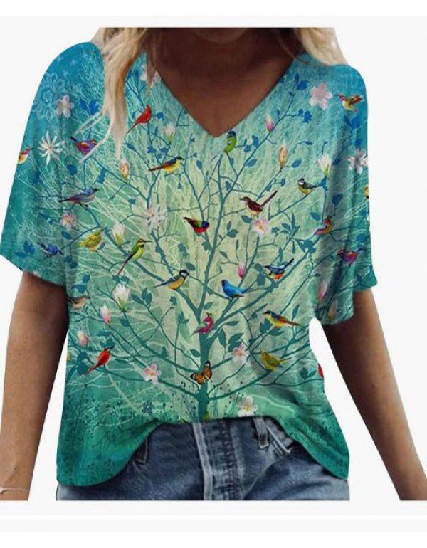 Summer New Landscape Painting Print V-Neck Short Sleeve T-shirt Women