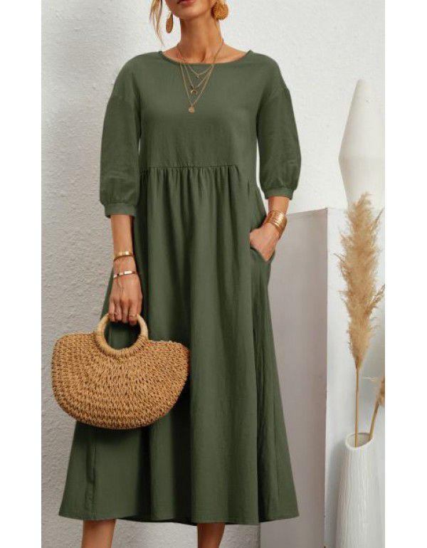 Solid Fashion Lantern Sleeves Loose Cotton Linen Pocket Dress In Stock