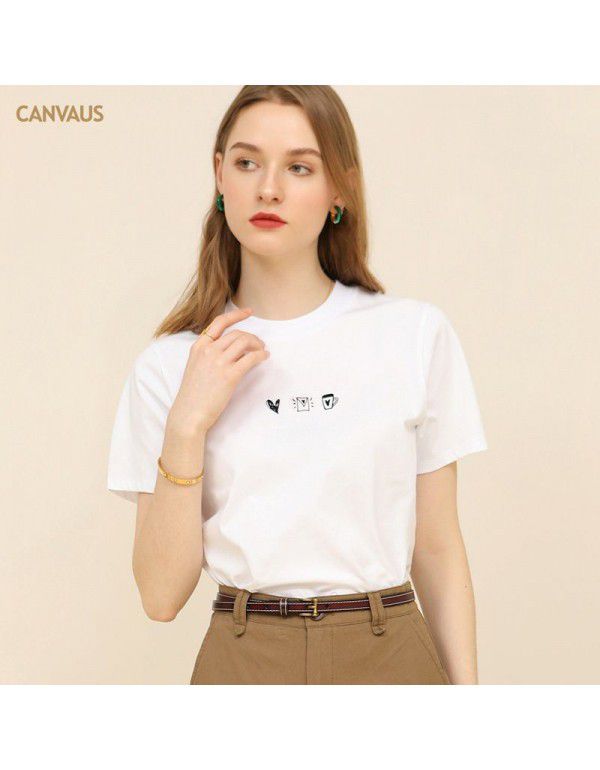 Summer new print short-sleeved t-shirt women's thin round neck cotton white cartoon top 