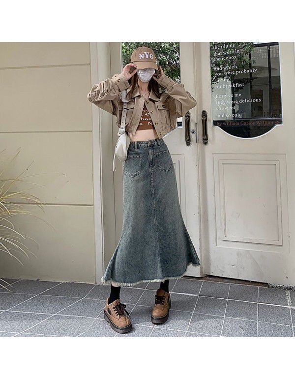 Vintage Denim Skirt Women's Spring and Autumn New Fishtail Skirt High Waist A-line Slim Mid Length Wrapped Hip Skirt 