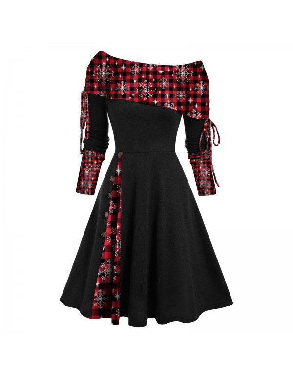 Women's autumn and winter new long-sleeved one-shoulder solid color printed patchwork button dress 