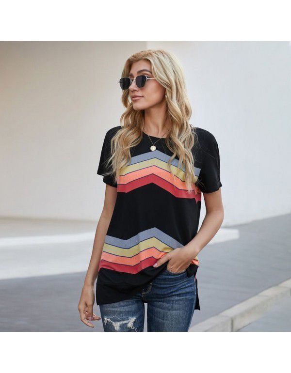 Shiying Short Sleeve T-shirt Women's European Summer New Stripe Pattern Women's Loose Round Neck Top Women