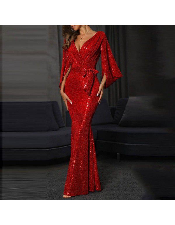 Spring and summer new sexy dress with split solid color sequins long style mopping evening dress skirt 