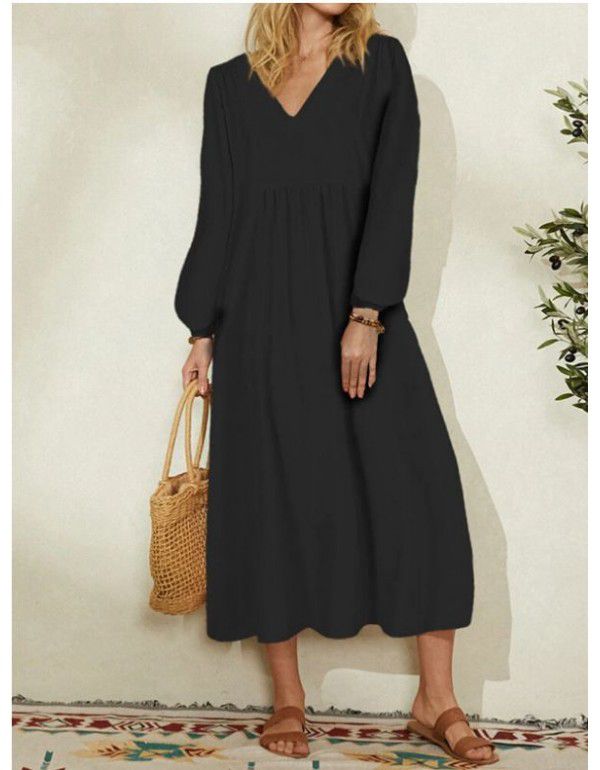 Summer New Fashion Women's Cotton Linen Loose Lantern Sleeves Occidental Dress