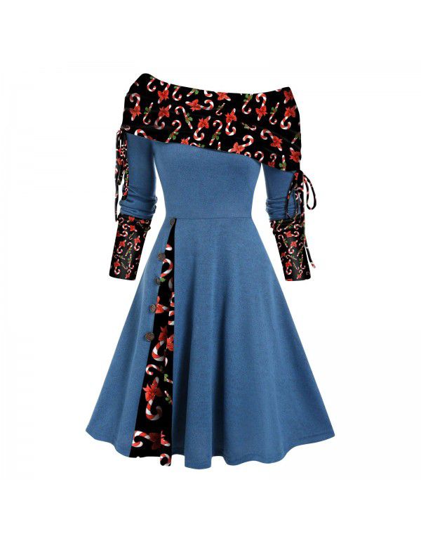Women's autumn and winter new long-sleeved one-shoulder solid color printed patchwork button dress 