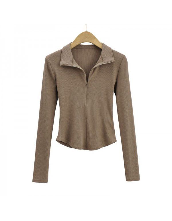 Korean basic slim zipper lapel net long-sleeved T-shirt top for women 