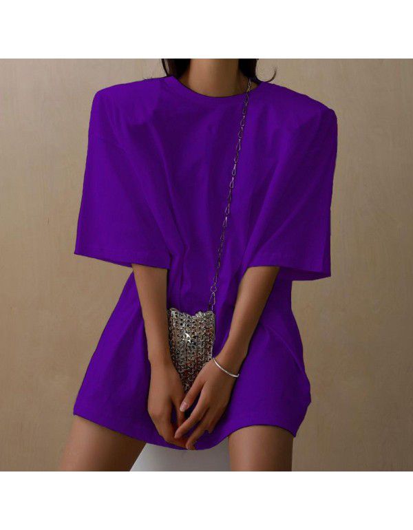 Round neck medium length short sleeve shoulder pad T-shirt Women's loose casual street photo 