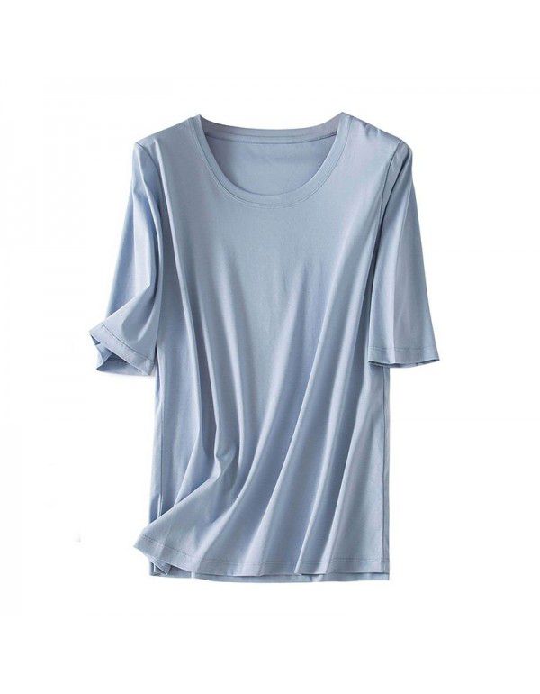 New autumn mercerized cotton medium sleeve round neck t-shirt for women's pure cotton white quarter sleeve thin bottom T-shirt 