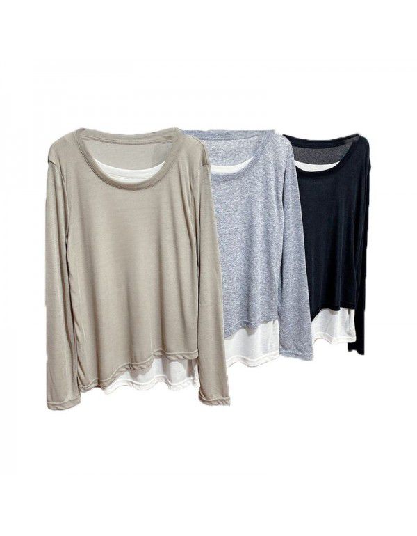 Fake two thin Tencel facial mask long sleeve round neck T-shirt women's spring loose medium length bottoming shirt top 