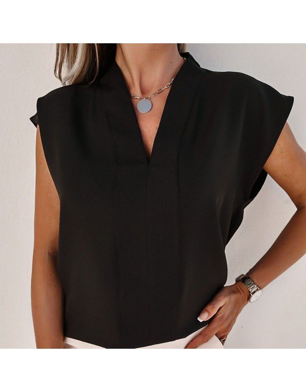 European and American Solid Color V-Neck Short Sleeve T-shirt Top Women's Wear