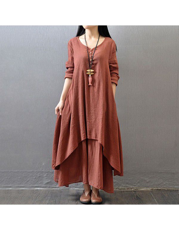 Spring and autumn holiday two-piece long skirt, artistic large linen dress, loose long-sleeved cotton and linen skirt 